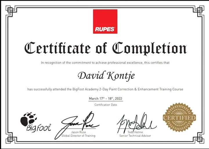 RUPES BigFoot Academy certificate of completion awarded to David Kontje, March 2022